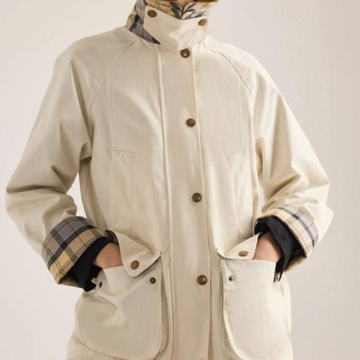 Women's transitional jacket with corduroy collar, checkered inner cuffs, and patch pockets Mune Fashion
