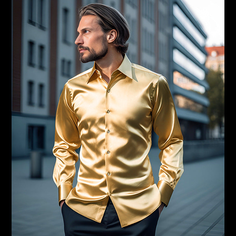 Men's Shirt Made Of Shiny Satin with Modern Collar Mune