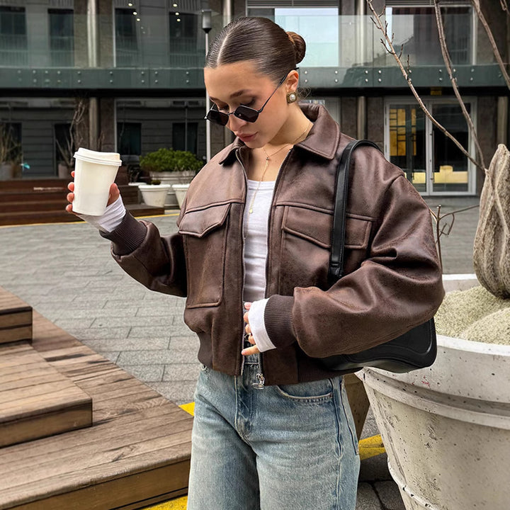 Women Cropped Suede Look Bomber Jacket with Flap Pockets and Ribbed Hem Mune Fashion