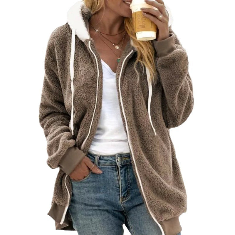 Women's Oversized Sherpa Zip Jacket with Contrast Collar, Ribbed Cuffs, and Drawstring Mune Fashion