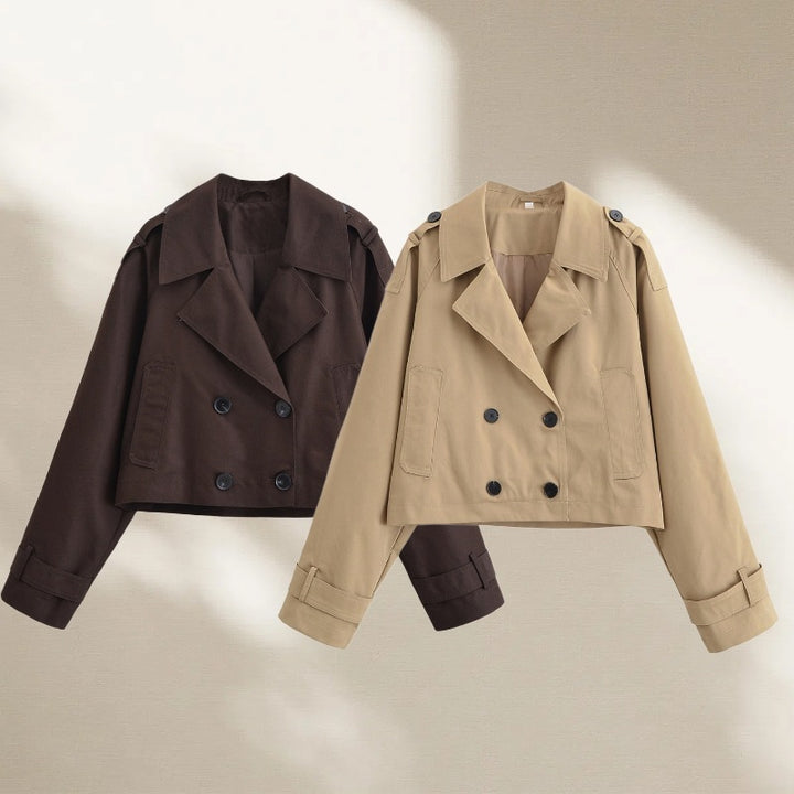 Women's Cropped Trench Coat with Double-Breasted Button Placket and Epaulettes Mune Fashion