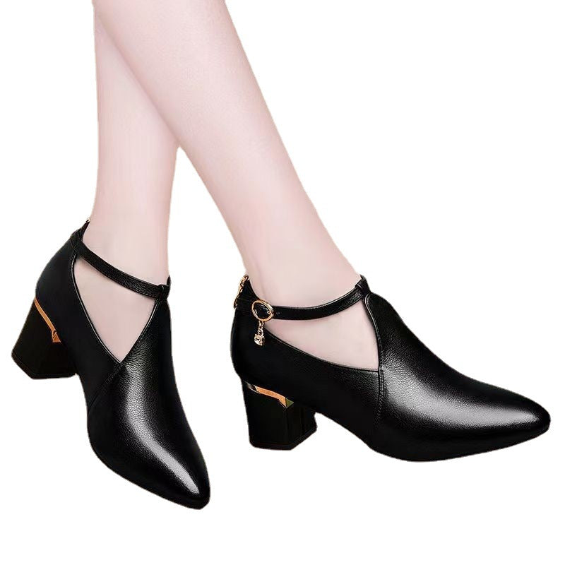 Ladies pointy-toed pumps with cut-out, ankle strap, heel zipper, and mid-high block heel Mune Fashion