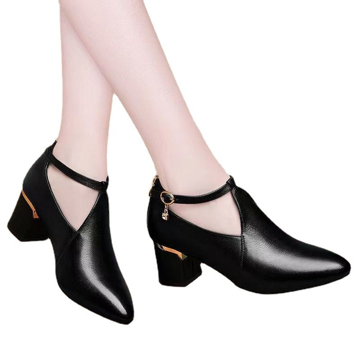 Ladies pointy-toed pumps with cut-out, ankle strap, heel zipper, and mid-high block heel Mune Fashion