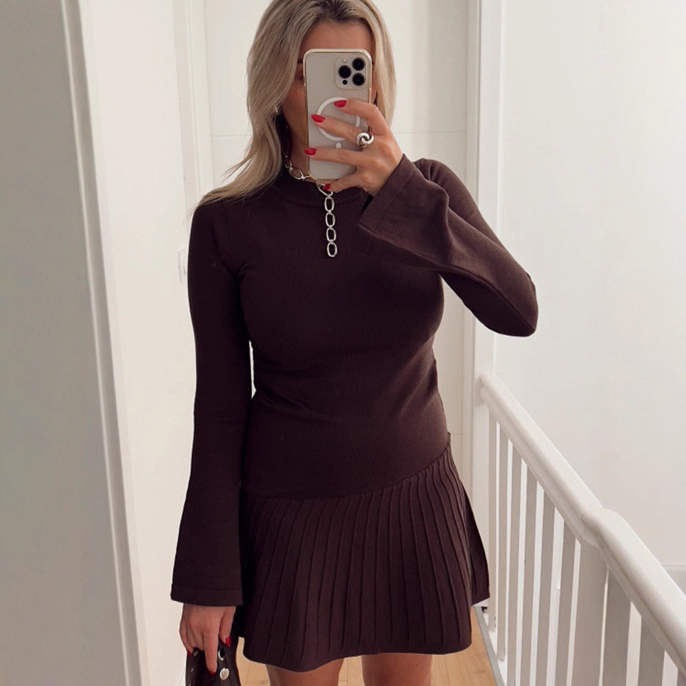 Women's Tailored Fine Knit Mini Dress with Pleated Skirt and Flared Sleeves Mune Fashion