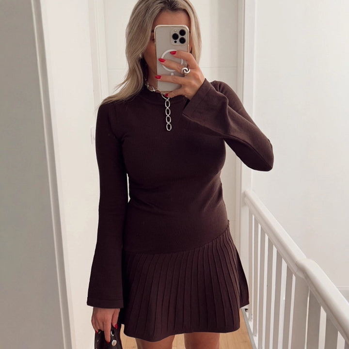 Women's Tailored Fine Knit Mini Dress with Pleated Skirt and Flared Sleeves Mune Fashion