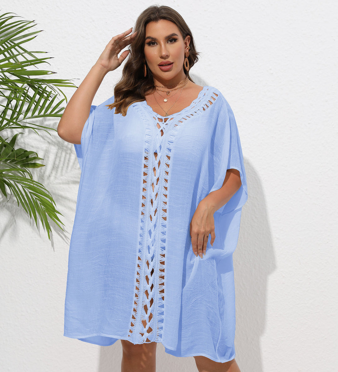 Women Airy Beach Kimono with Decorative Crochet Lace Mune Fashion