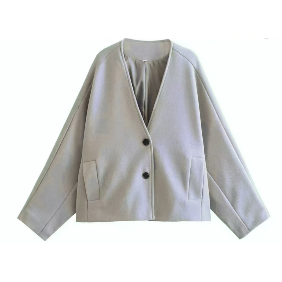Women's Oversized Short Jacket made of Wool Blend with Boxy Silhouette and Balloon Sleeves Mune Fashion