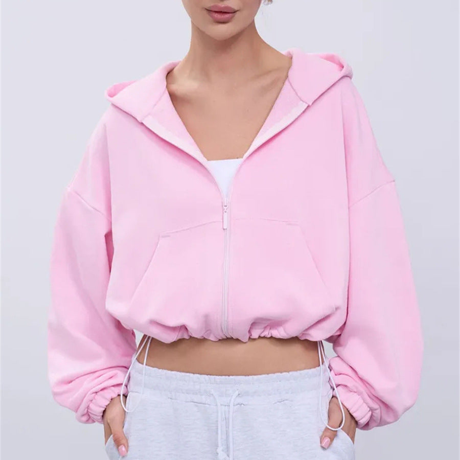 Women's casual cropped fleece hoodie with drawstring waistband, raglan sleeves and zip closure