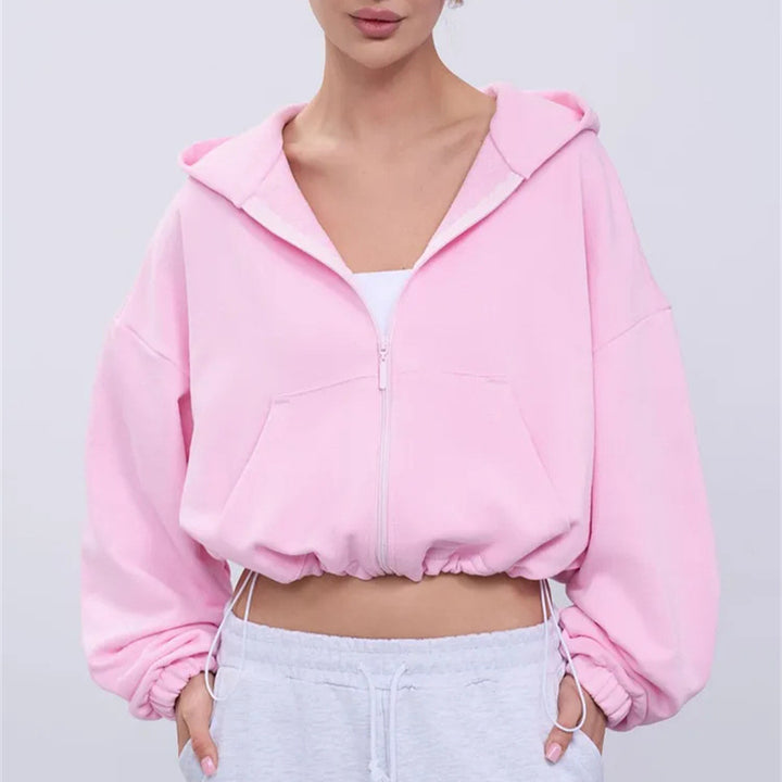 Women's casual cropped fleece hoodie with drawstring waistband, raglan sleeves and zip closure
