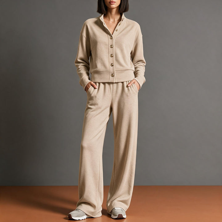 Women's sweat jacket with snap button placket, standing collar, and soft lounge cut Mune Fashion
