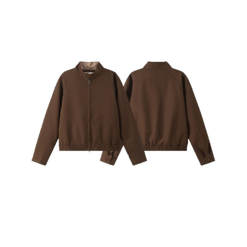 Unisex Short Cut Blouson Jacket with Stand-Up Collar, Elastic Hem and Checked Collar Lining Mune Fashion