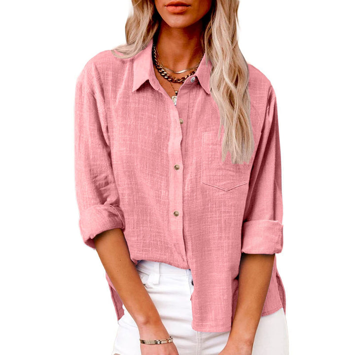 Women's oversized linen-cotton blend shirt blouse with breast pocket and roll-up sleeves Mune Fashion