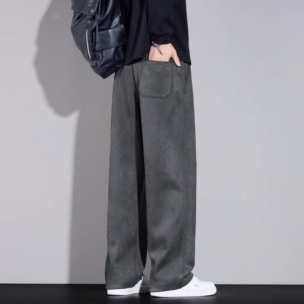 Men's casually cut pleated trousers with drawstring, wide leg and velour look Mune Fashion