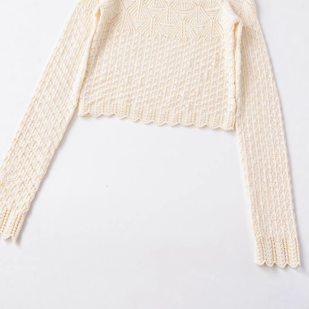 Women's crocheted short sweater with wide boat neckline, fine lace knit pattern and elastic cuff Mune Fashion
