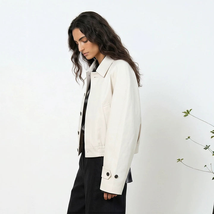 Women's Short Boxy Blouson with Elastic Hem and Distinctive Button Details Mune Fashion