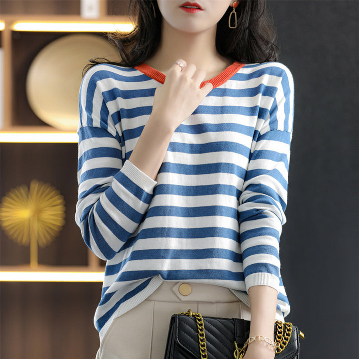 Women Maritime-inspired striped fine knit shirt with wide boat neck and contrast trim Mune Fashion