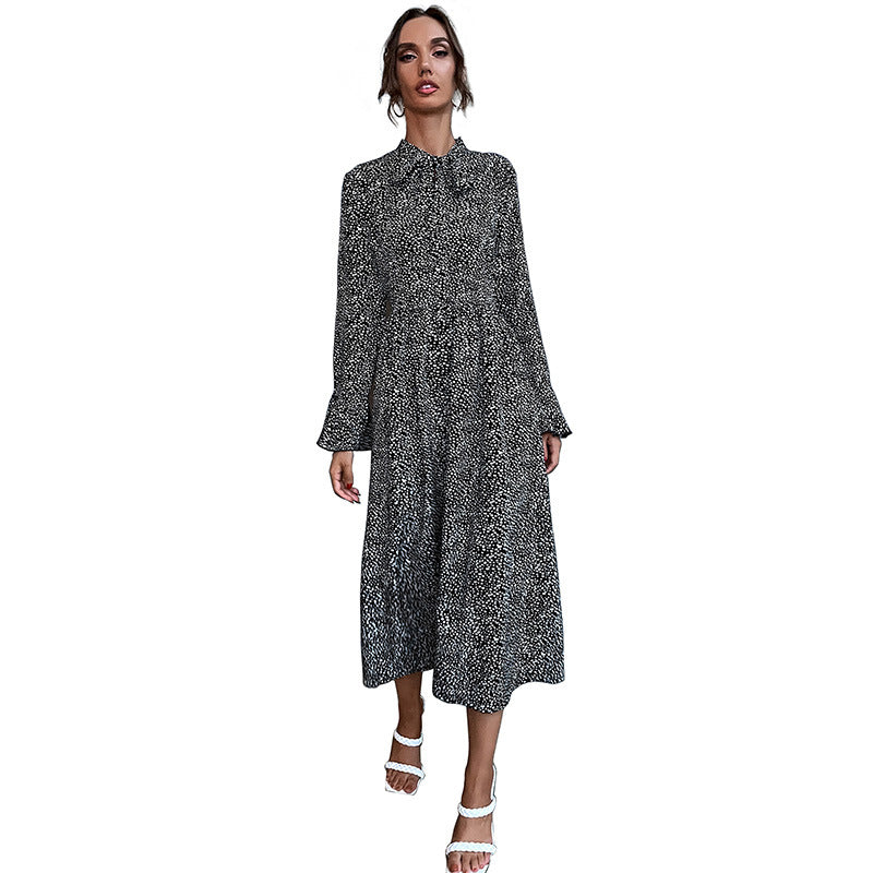 Women's midi dress with stand collar and tie bow, long sleeve A-line with fine polka dot pattern Mune Fashion