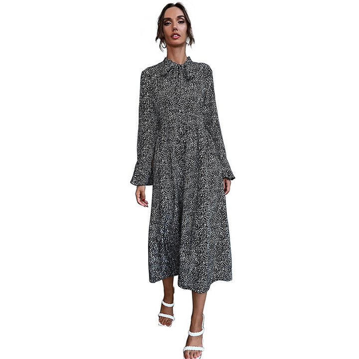 Women's midi dress with stand collar and tie bow, long sleeve A-line with fine polka dot pattern Mune Fashion