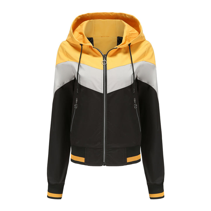 Women's lightweight windbreaker jacket with hood, block panel design, zippered pockets, and elastic hem Mune Fashion