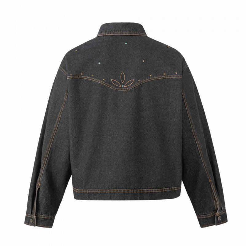 Unisex Oversize Denim Jacket in Boxy Cut with Western Embroidery and Flap Pockets Mune Fashion