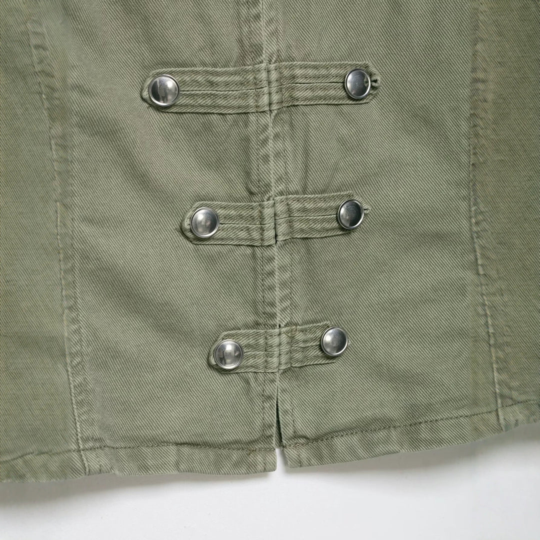 Women's cropped military jacket with stand-up collar, decorative button placket, and fitted silhouette Mune Fashion
