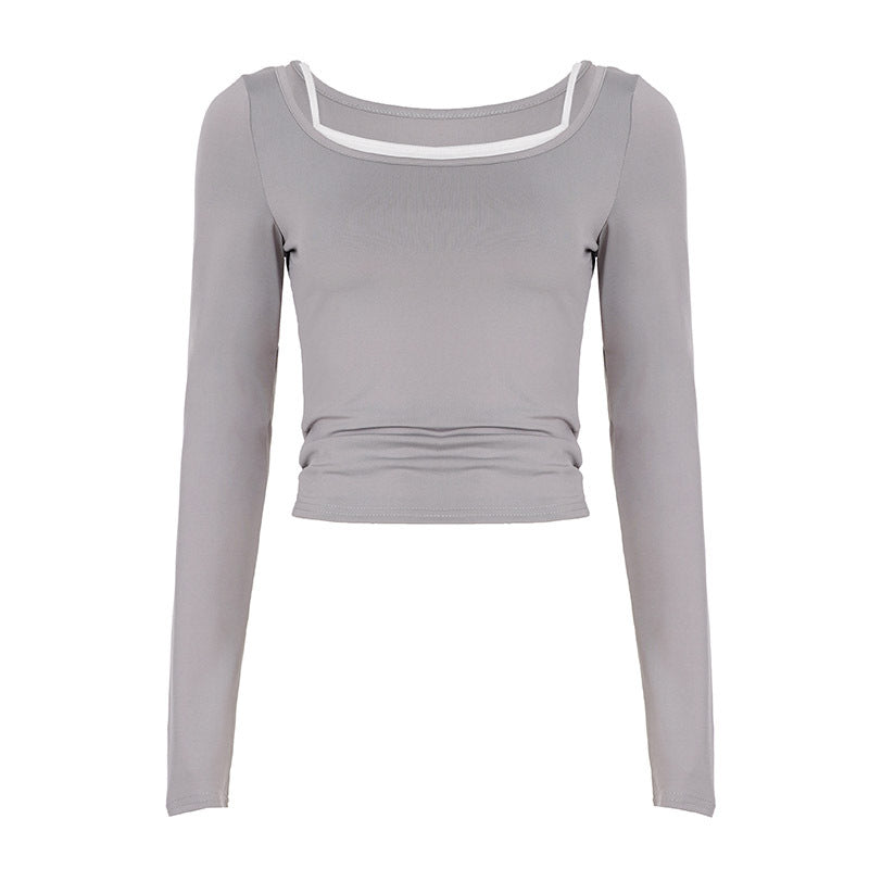 Women tailored longsleeve cropped top with square neckline and double spaghetti straps Mune Fashion