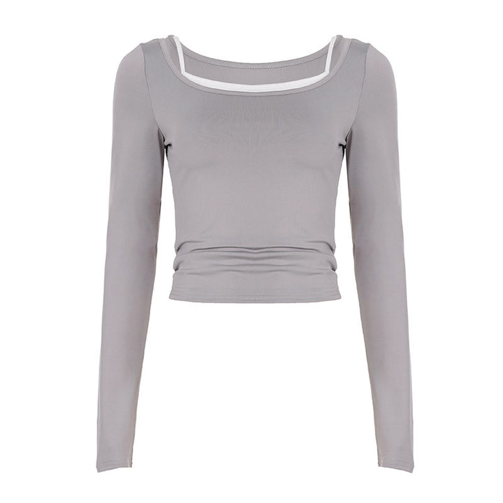 Women tailored longsleeve cropped top with square neckline and double spaghetti straps Mune Fashion