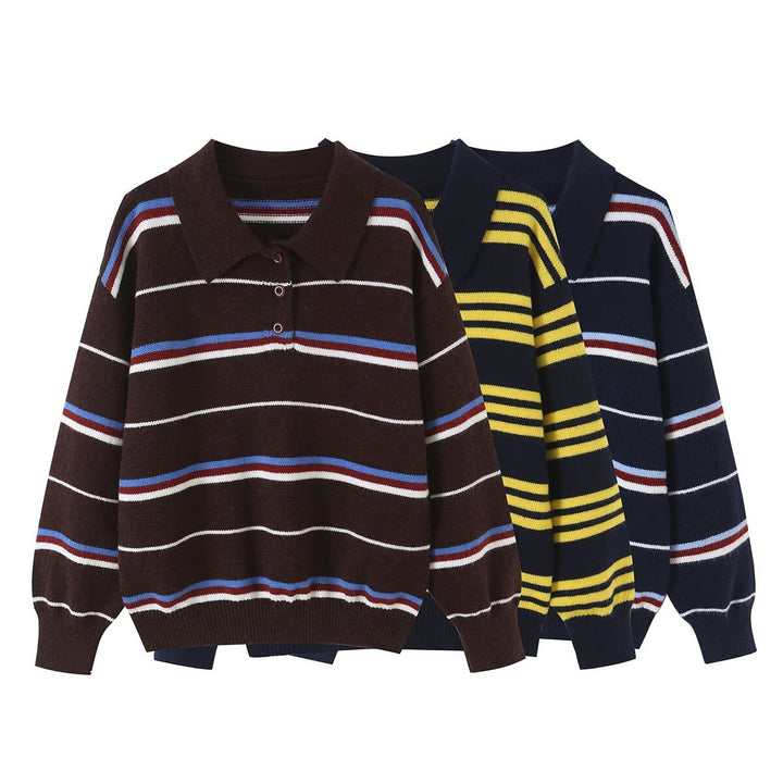 Women's Striped Knit Polo Sweater with Short Button Placket and Ribbed Cuffs Mune Fashion