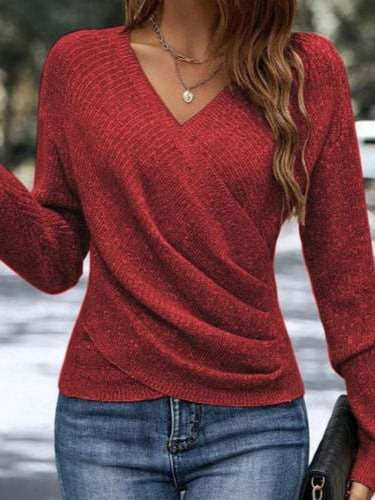 Women's figure-hugging wrap knitted pullover with V-neck and fine ribbed texture Mune Fashion
