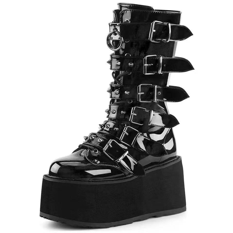 Women knee-high patent platform boots with multiple adjustable buckles and heart-shaped studs Mune Fashion