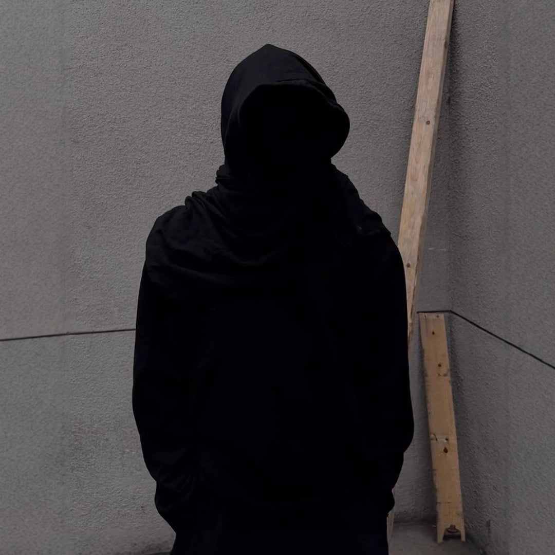 Unisex hooded pullover in usage marks style with attached tube scarf and frayed openings Mune Fashion