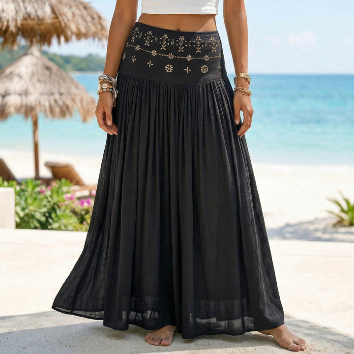 Ladies nan maxi-flounce skirt with embroidered waistband and fine pleats Mune Fashion