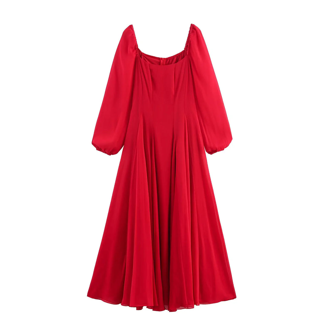 Ladies long evening dress with flared skirt, voluminous balloon sleeves and square neckline Mune Fashion
