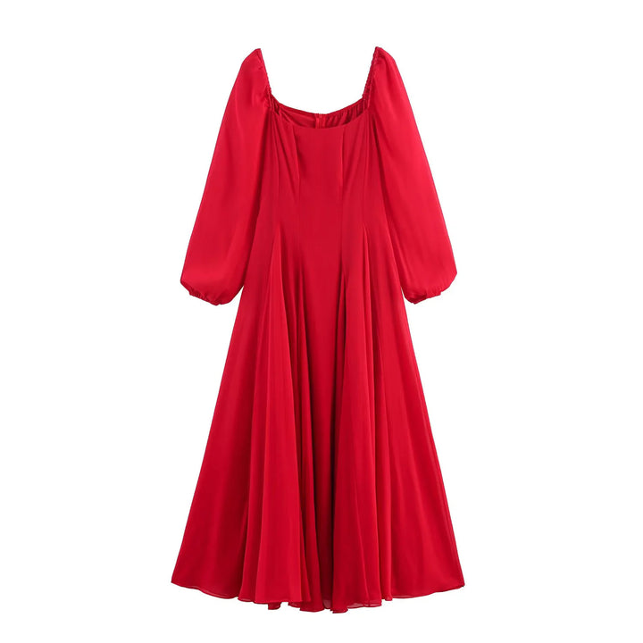 Ladies long evening dress with flared skirt, voluminous balloon sleeves and square neckline Mune Fashion