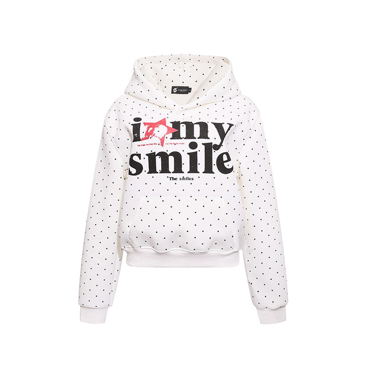 Women’s hoodie sweatshirt with polka dot pattern, kangaroo pocket and large typographic print Mune Fashion