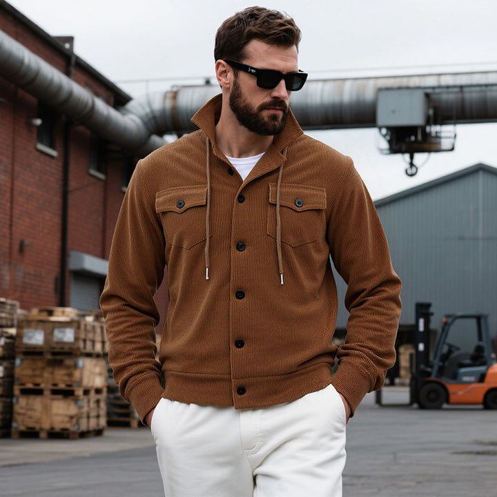 Men's knitted corduroy overshirt jacket with hood, breast pockets and continuous button placket Mune Fashion
