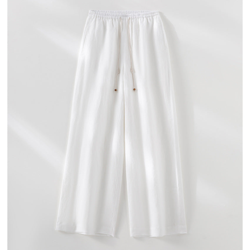 Women's Light High-Waisted Lounge Trousers made from Linen Blend with Drawstring and Pinstripe Look Mune Fashion