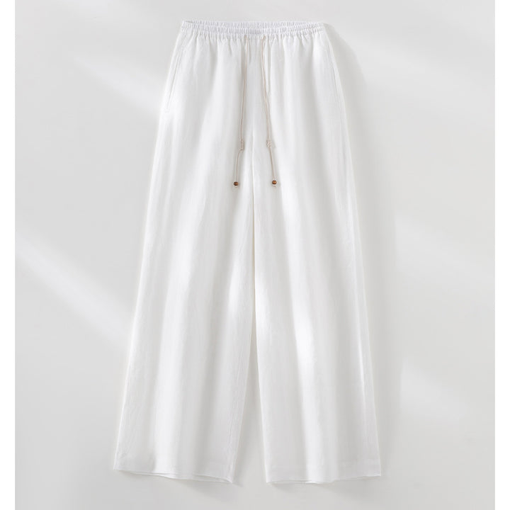 Women's Wide Linen Look Pants with Elastic Waistband, Drawstring and Fine Pinstripe Structure Mune Fashion
