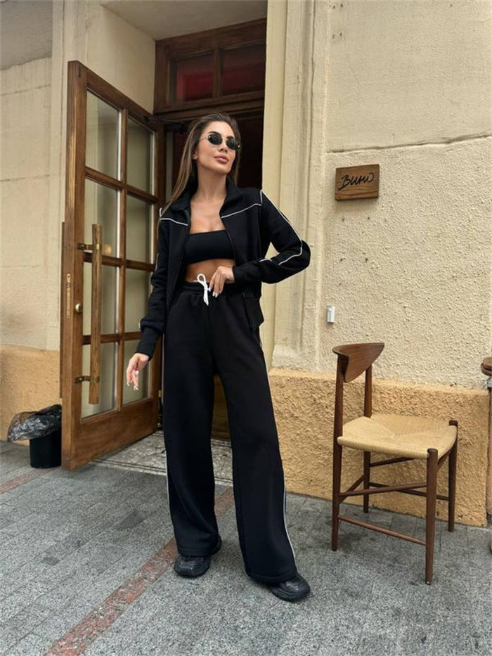 Women's Two-Piece Tracksuit Set with Stand-Up Collar, Contrast Piping and Wide Leg Mune Fashion