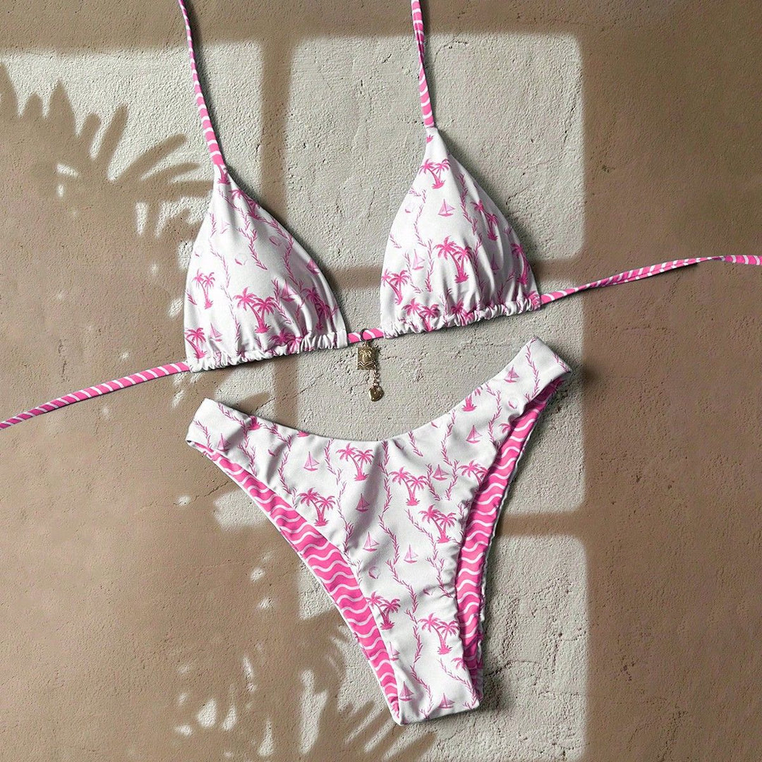 Women Triangle Bikini with Tropical Pattern Mune Fashion