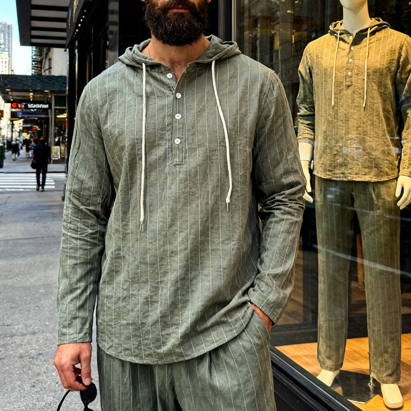 Men's linen blend hoodie shirt with half button placket and pinstripes Mune Fashion