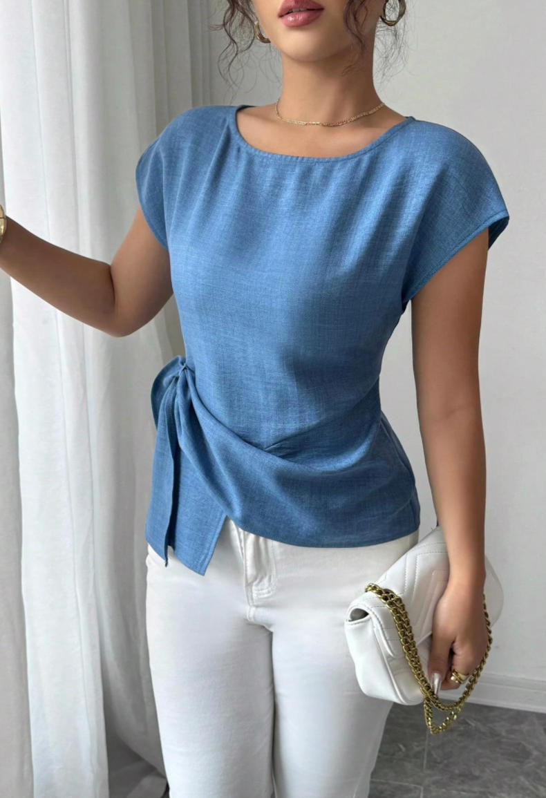 Women's Tailored Short Sleeve Top with Boat Neck, Ties Belt and Linen Look Mune Fashion