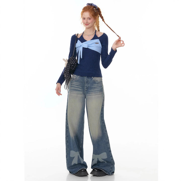 Women's high-waisted Palazzo pants made of denim with extra wide leg and bow print Mune Fashion