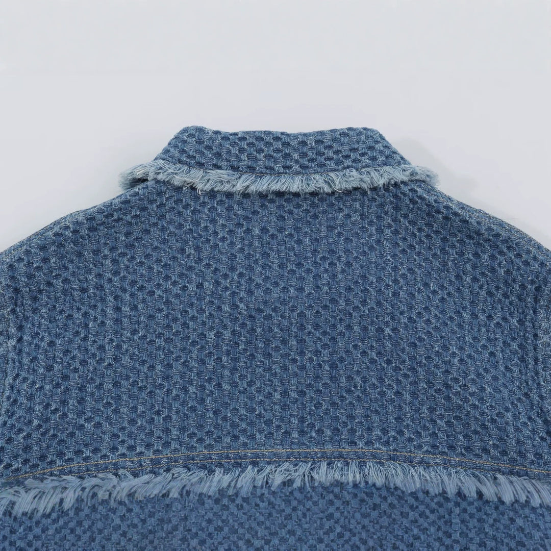Women's short jacket made of textured denim with fringe trim and flap pockets Mune Fashion