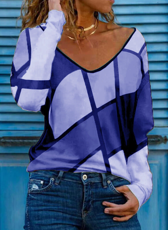 Women's Loose V-Neck Long Sleeve Shirt with Geometric Block Print and Oversized Fit Mune Fashion