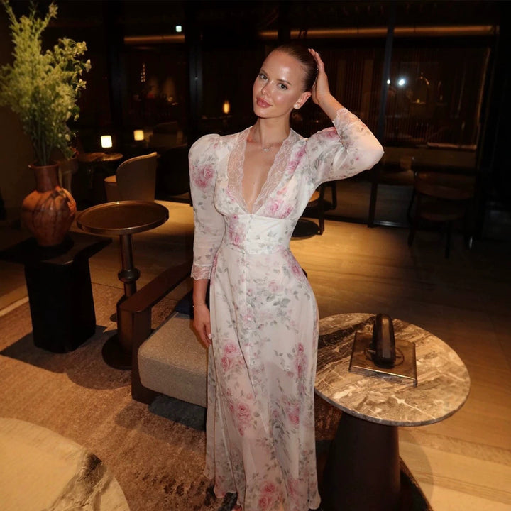 Women's Romantic Chiffon Maxi Dress with Lace V-Neck, Puff Sleeves and Front Slit Mune Fashion