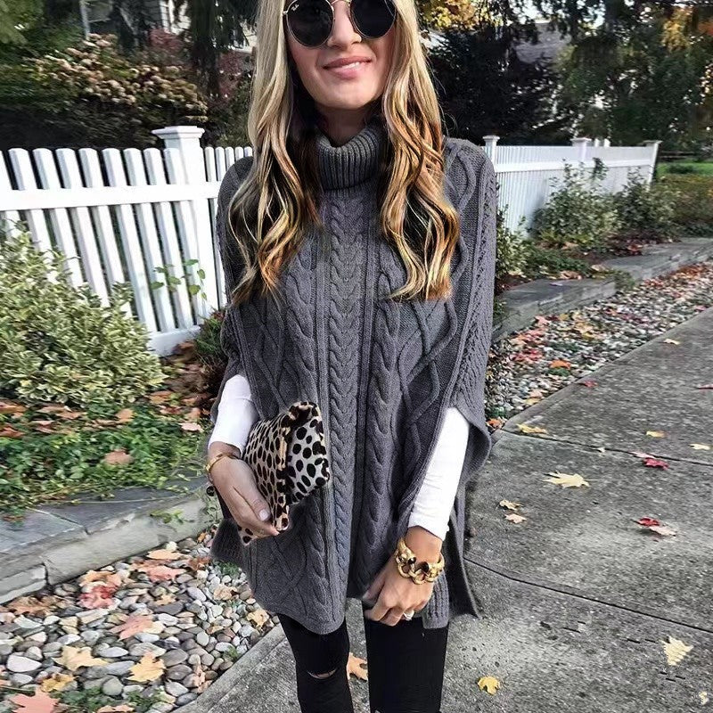 Ladies nan kastiger knit poncho with high turtleneck, cable structure and side slits Mune Fashion