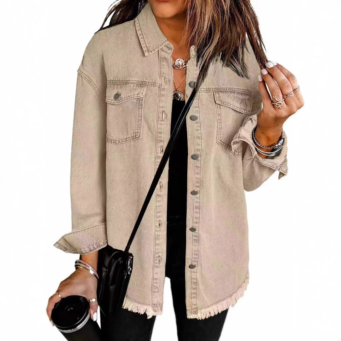 Women's Oversized Denim Shirt Jacket with Fringe Hem Mune Fashion