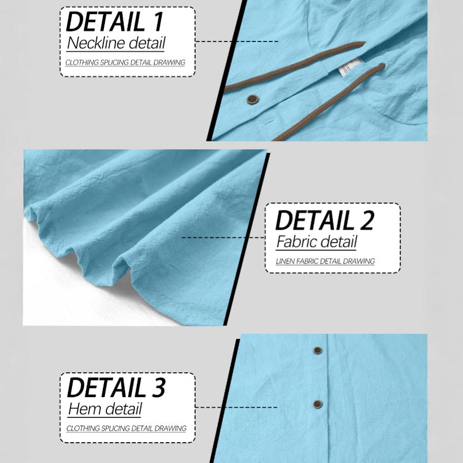 Men's lightweight summer hoodie in linen look with continuous button placket and drawstring Mune Fashion