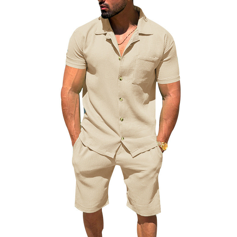 Men's casual two-piece leisure set made of ribbed jersey with shirt collar button placket and shorts Mune Fashion